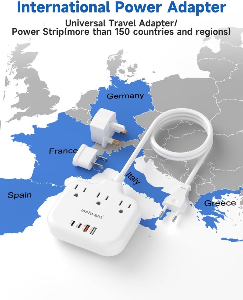 meta-ant PD30W European Travel Plug Adapter, International Power Strip with 3 Outlets 4 USB Ports(2 USB-C), Universal Travel Adapter with 5ft Extension Cord for EU US UK Europe France Spain - Image 2